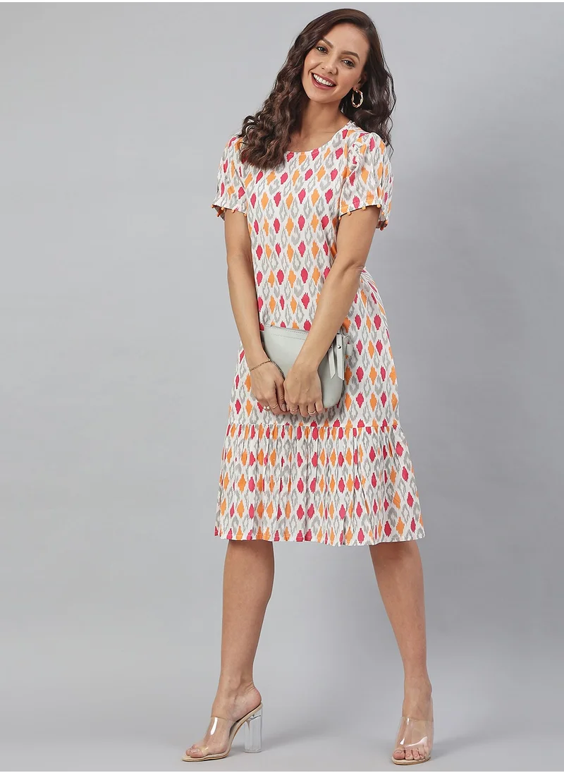 kolaba Off White Cotton Printed Dress