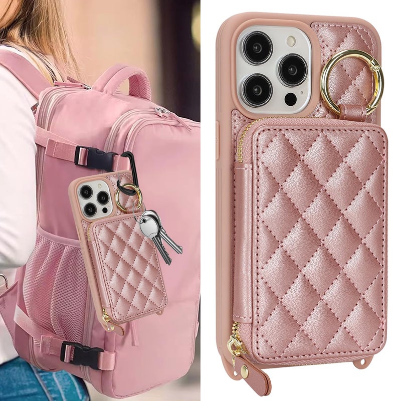 Hamany Crossbody Wallet Case for iPhone 13 Pro Max, PU Leather Zipper Handbag Purse Flip Cover, Kickstand Folio Case with Card Slots Holder Wrist Strap Lanyard 5G 6.7 Inch-Rose Gold - Image 3