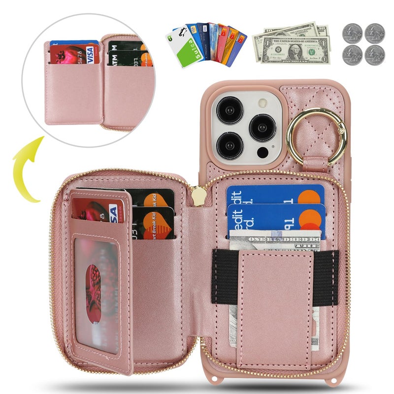 Hamany Crossbody Wallet Case for iPhone 13 Pro Max, PU Leather Zipper Handbag Purse Flip Cover, Kickstand Folio Case with Card Slots Holder Wrist Strap Lanyard 5G 6.7 Inch-Rose Gold - Image 2