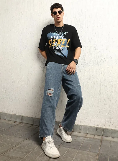 Hubberholme Men's Black 100% Cotton Printed Relaxed T-Shirt