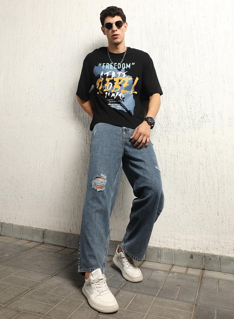 Hubberholme Men's Black 100% Cotton Printed Relaxed T-Shirt - Image 1