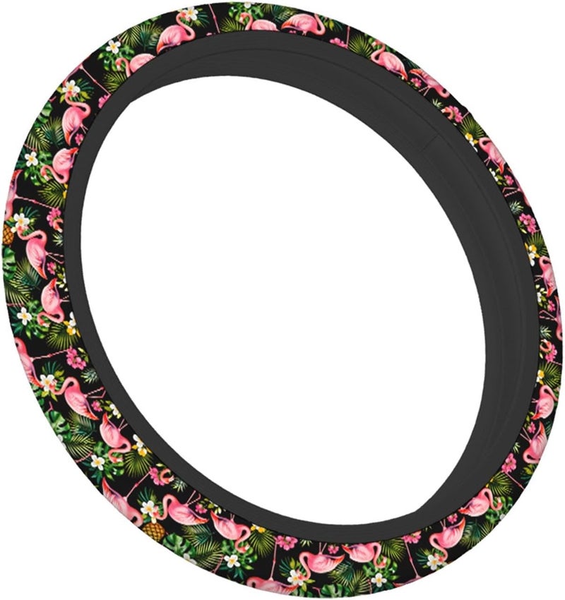 Swono Flower and Flamingo Car Steering Wheel Cover Tropical Flowers and Birds On Black Safe Driving Anti-Slip Steering Wheel Covers Steering Wheel Protection No Smell Universal 15 Inch - Image 5