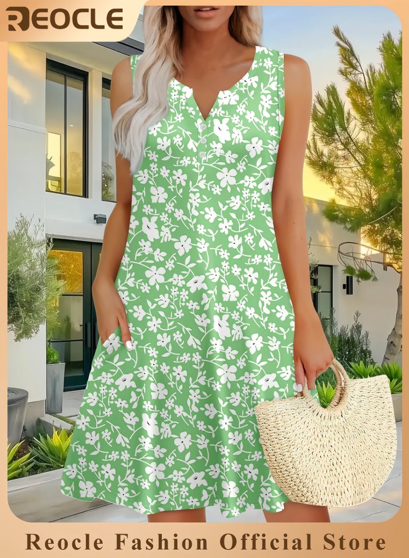 REOCLE Dresses for Women Casual Summer Boho Beach Dress Loose V Neck Sleeveless Sundresses Swimsuit Coverup with Pockets - Image 1