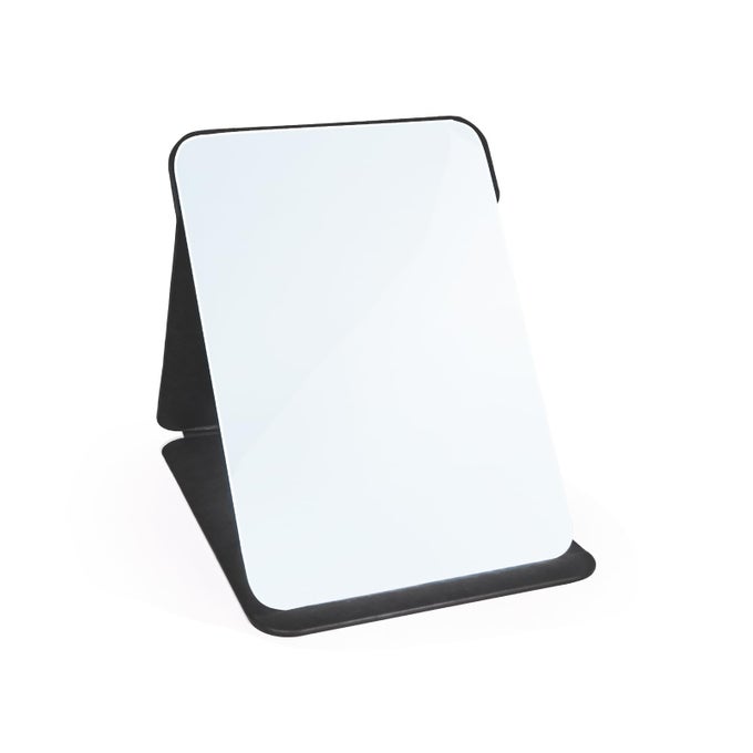 MAKEUP MIRROR 6X8 INCHES PORTABLE PU LEATHER MIRROR FOLDING DESKTOP VANITY MIRROR WITH ADJUSTABLE STAND FOR VANITY TABLE OFFICE TRAVEL M BLACK