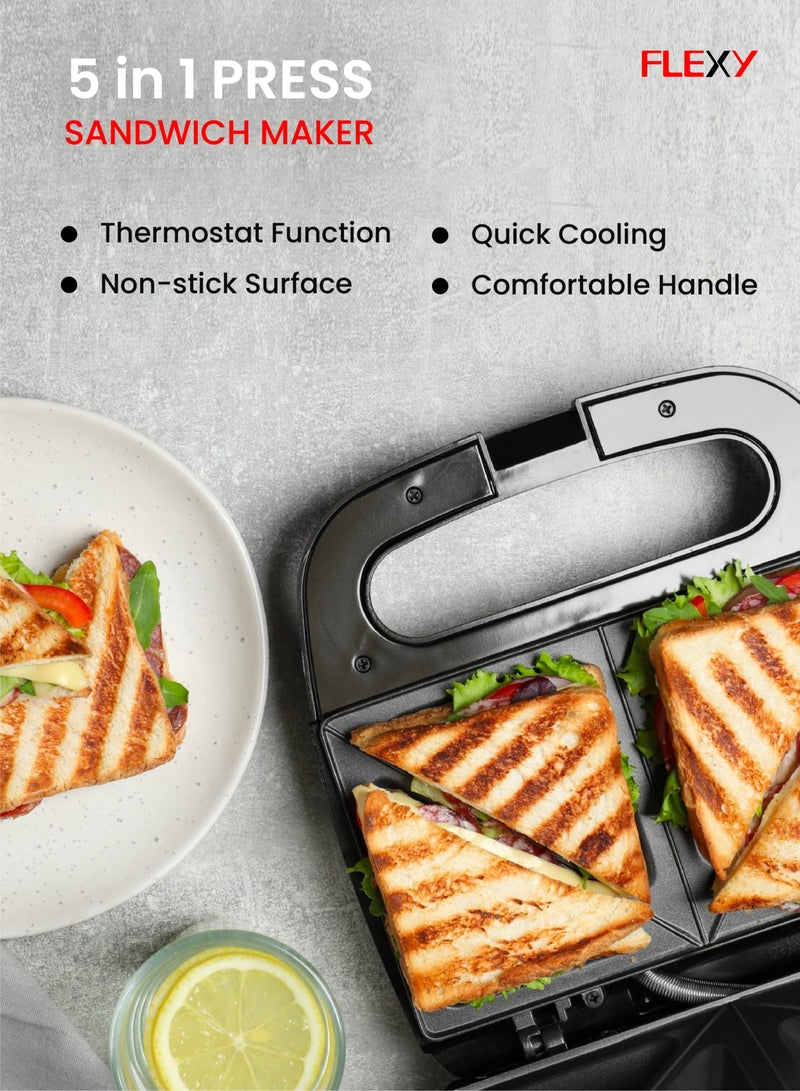 FLEXY 5-in-1 Snack Maker: Sandwich, Waffle, Grill, Donut, Pancake | Detachable Non-Stick Plates, Easy Clean | 800W Fast Heating | Stainless Steel & Plastic - Image 2