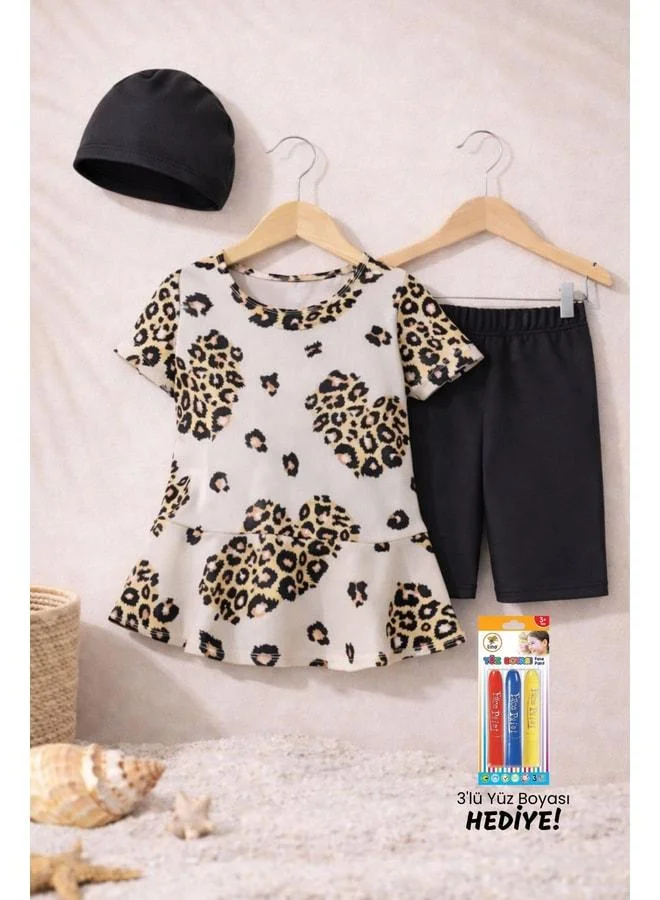 Zuzunga Black Girl's Heart-Pattern Bow Swimsuit Set.