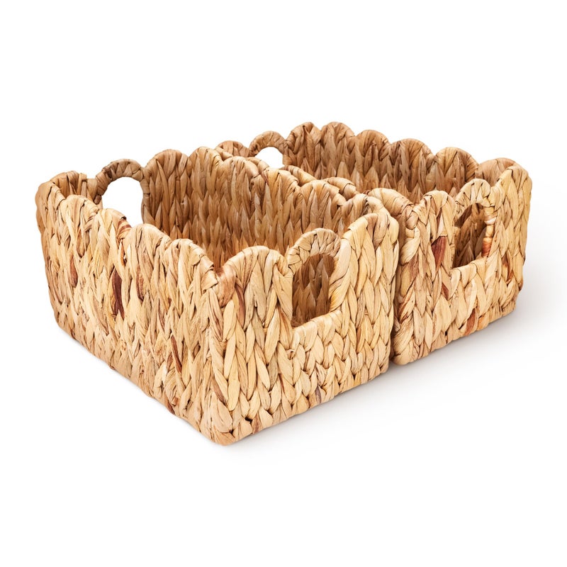 ByteX Scalloped Basket Set (2 Large Baskets) Water Hyacinth Wicker Storage Baskets for Nursery & Kids Books | Decorative Scalloped Edge Rattan Style Book Basket for Toys, Shelves & Decor - Image 1