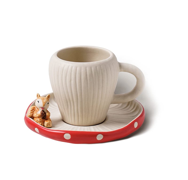 RESVUGA Cute Mushroom Mug with Cute Squirrel Saucer Handmade Glaze Polka Dot Safety Matt Ceramic Milk Mugs 300ml Cartoon Tea Cup Best Gifts for Women  Girls