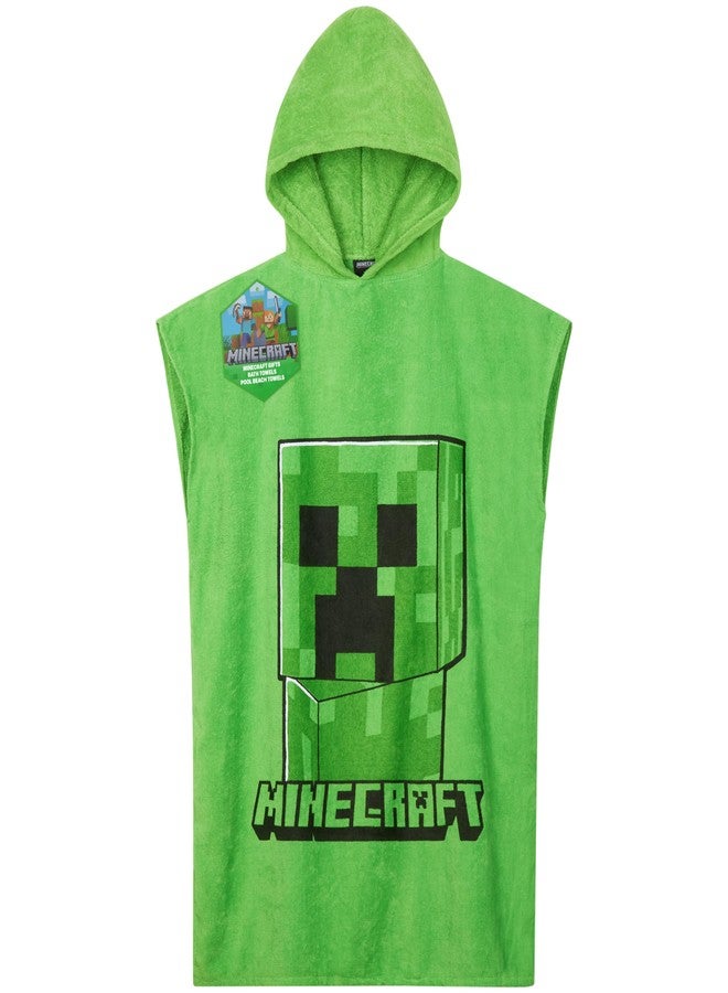 Minecraft Towelling Poncho Kids Teens Hooded Bath Towels Absorbent Beach Towel (Green, 10-13 Years) - Image 1