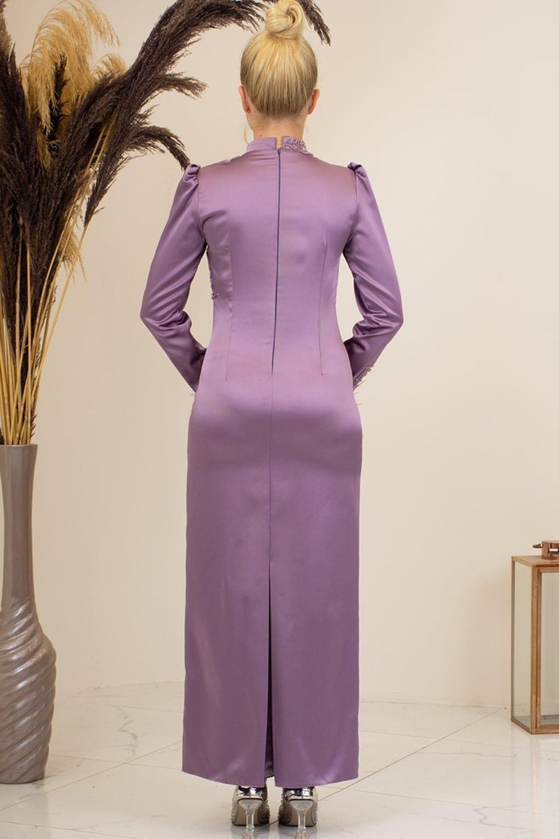 Esilanur Front Beaded Applique Embroidery Sleeves Feathered Nara Hijab Evening Dress Dusty Rose  - Image 3