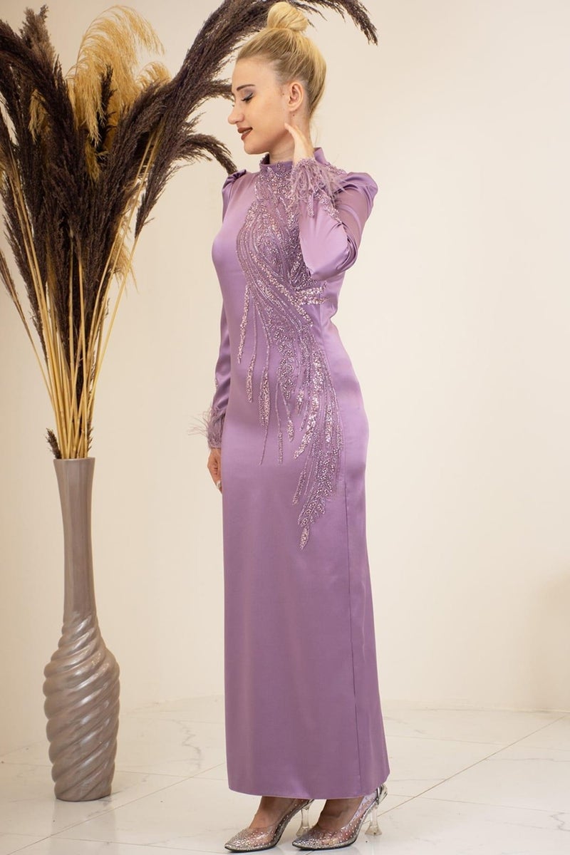 Esilanur Front Beaded Applique Embroidery Sleeves Feathered Nara Hijab Evening Dress Dusty Rose  - Image 1