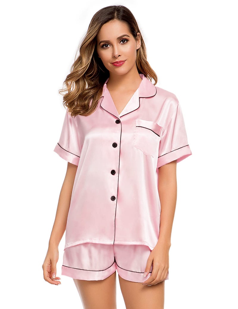 LecGee Womens Pajamas Set Silk Satin Sleepwear Short Sleeve Nightwear Button Down Pj Lounge - Image 2