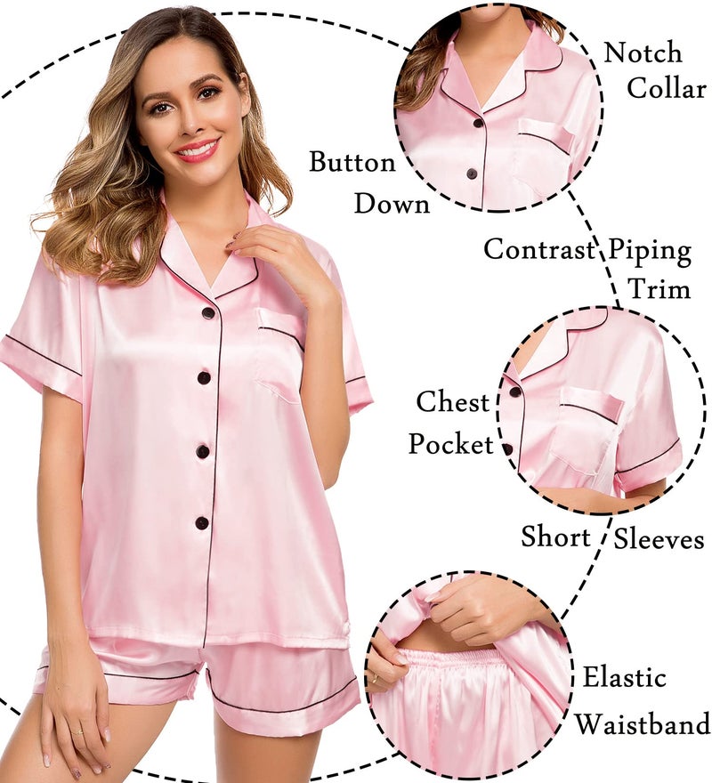 LecGee Womens Pajamas Set Silk Satin Sleepwear Short Sleeve Nightwear Button Down Pj Lounge - Image 5