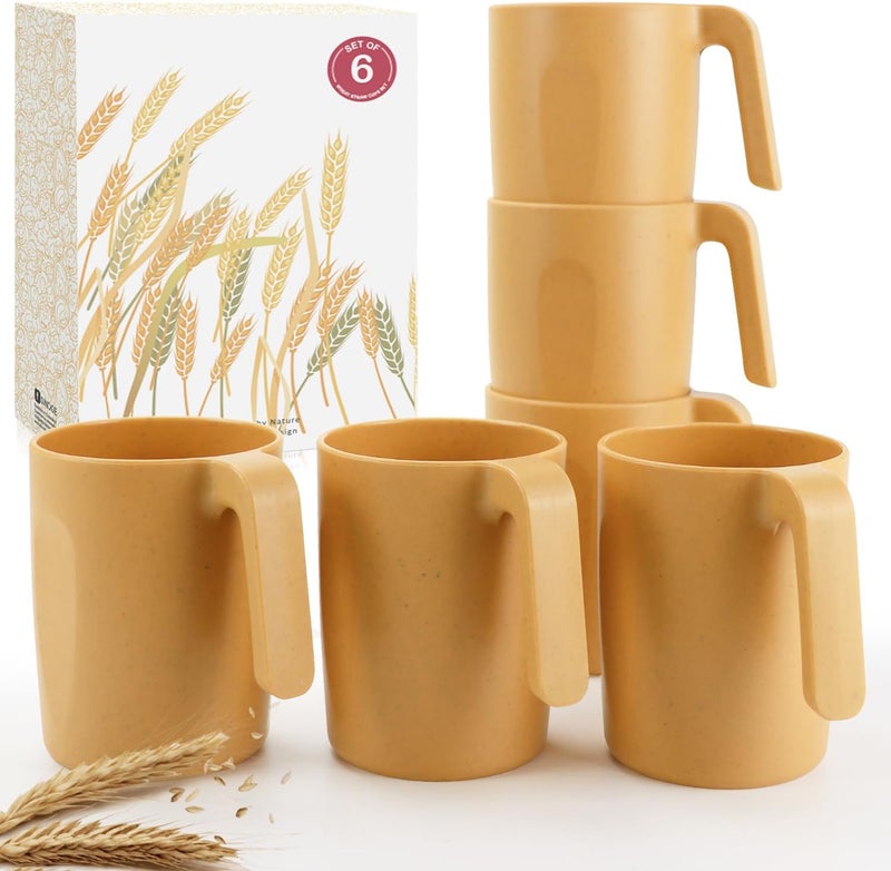 Wrova 16oz Wheat Straw Cups with handles set of 6Plastic Cups ReusableUnbreakable Kids MugsDishwasher Safe  Microwave SafeIdeal Mugs for TeaCoffeeCampingRVBanana Yellow - Image 1