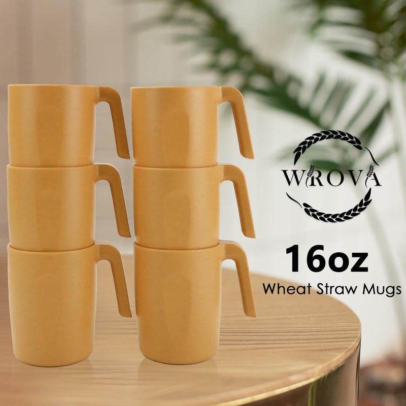 Wrova 16oz Wheat Straw Cups with handles set of 6Plastic Cups ReusableUnbreakable Kids MugsDishwasher Safe  Microwave SafeIdeal Mugs for TeaCoffeeCampingRVBanana Yellow - Image 5