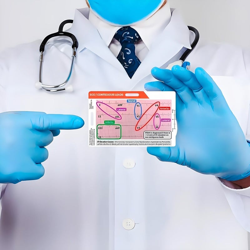 بطاقة تحليل تخطيط القلب الملون (ECG/EKG) لحالات STEMI - طباعة أمامية وخلفية - تصميم أفقي ورأسي - مادة أكريليك - نص باللغة الإنجليزية - مرجع سريع للتفسير - للمهنيين الطبيين - أداة تعليمية للحوادث القلبية - Image 5