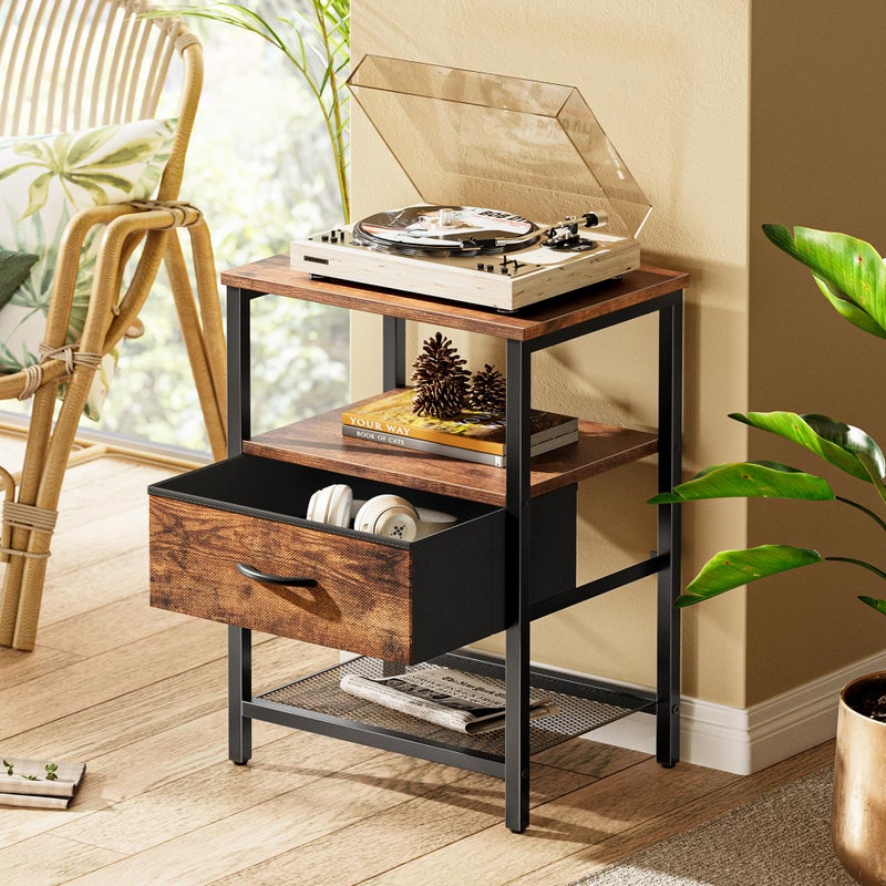 Huuger Night Stand with Fabric Drawer, Side Table with Mesh Shelf, Bedroom Nightstand, Fabric Drawer Dresser, Open Shelf, Metal Frame, Couch Side, Rustic Brown - Image 3