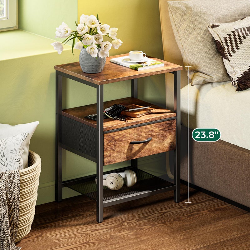Huuger Night Stand with Fabric Drawer, Side Table with Mesh Shelf, Bedroom Nightstand, Fabric Drawer Dresser, Open Shelf, Metal Frame, Couch Side, Rustic Brown - Image 2