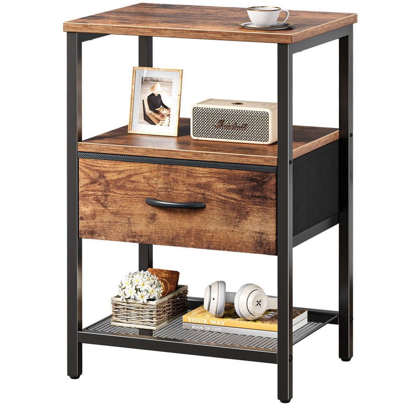 Huuger Night Stand with Fabric Drawer, Side Table with Mesh Shelf, Bedroom Nightstand, Fabric Drawer Dresser, Open Shelf, Metal Frame, Couch Side, Rustic Brown - Image 1