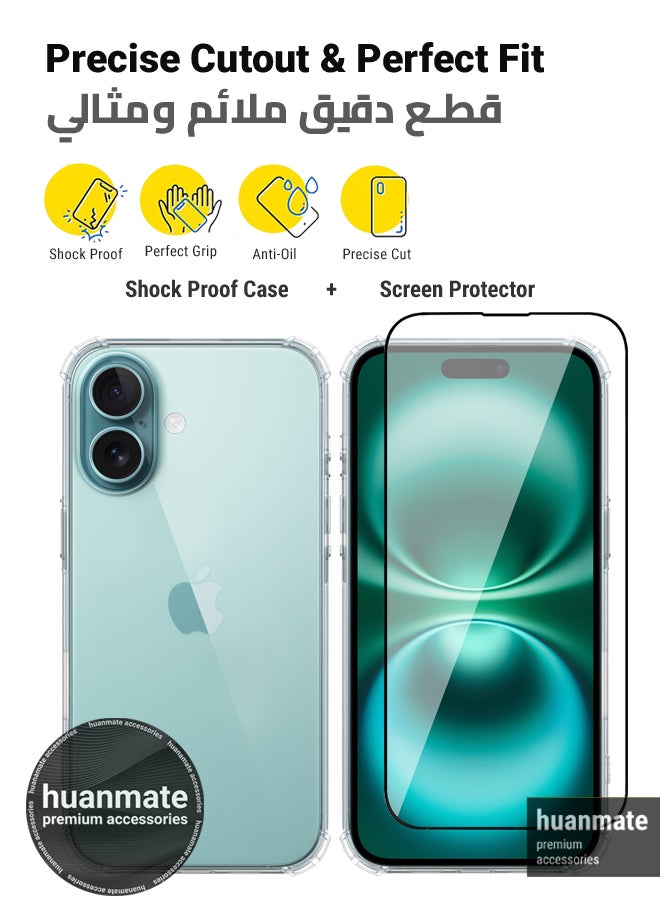 huanmate - 2 in 1 Apple iPhone 16 Protection Pack - Ultra Clear Shockproof Case & Edge-to-Edge Screen Protector, 360 Degree Protection, Back Cover & Screen Protector for Apple iPhone 16 - Image 1
