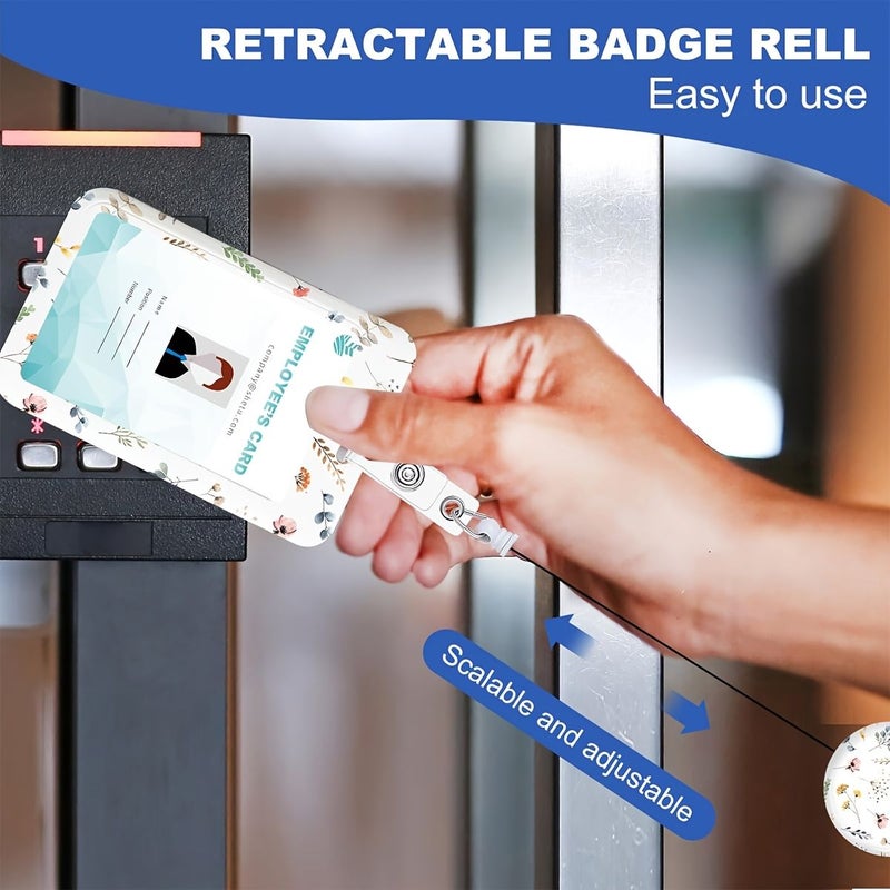 NOON 2D Adjustable ID Badge Clip White Stylish Floral Design Roll Up Mechanism Vertical Card Holder Detachable Neck Strap For Nurses Students Educators Office Personnel - Image 3