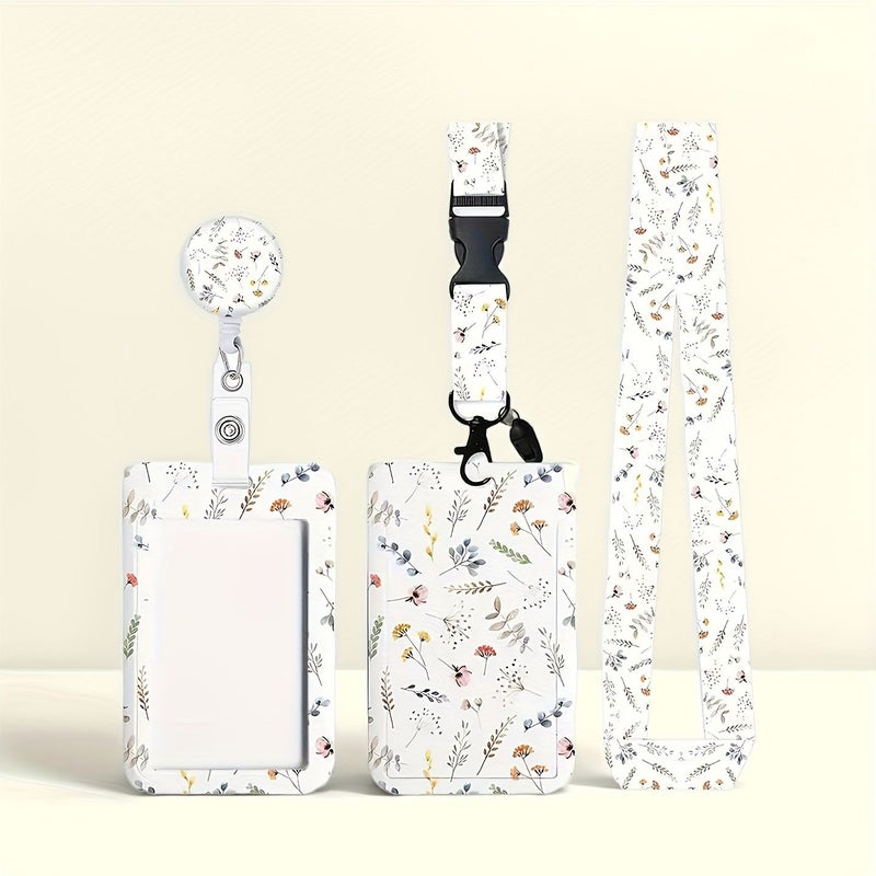 NOON 2D Adjustable ID Badge Clip White Stylish Floral Design Roll Up Mechanism Vertical Card Holder Detachable Neck Strap For Nurses Students Educators Office Personnel - Image 1