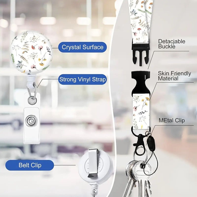 NOON 2D Adjustable ID Badge Clip White Stylish Floral Design Roll Up Mechanism Vertical Card Holder Detachable Neck Strap For Nurses Students Educators Office Personnel - Image 4