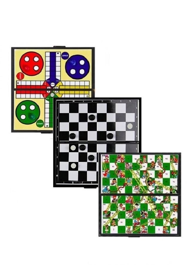 MARGOUN حزمة قيمة (2 + 1 مجانية) ألعاب لوحية قابلة للطي لودو، الثعابين والسلالم والداما 3 في 1 مجموعة ألعاب لوحية ممتعة للعائلة للأطفال والبالغين - Image 2