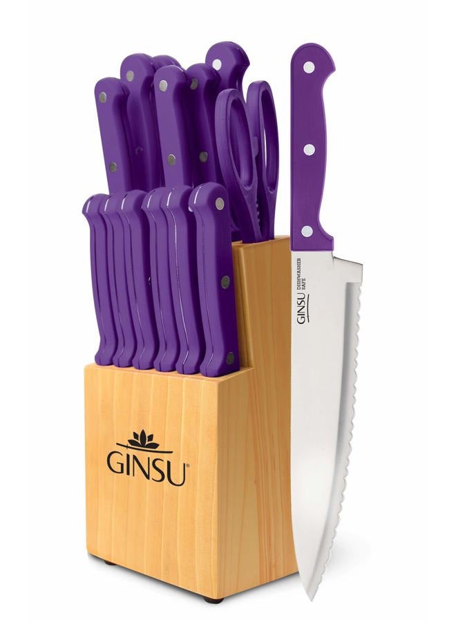 Ginsu Kiso 14-Piece Purple Knife Set with Natural Block - Dishwasher Safe and Always Sharp - Image 1