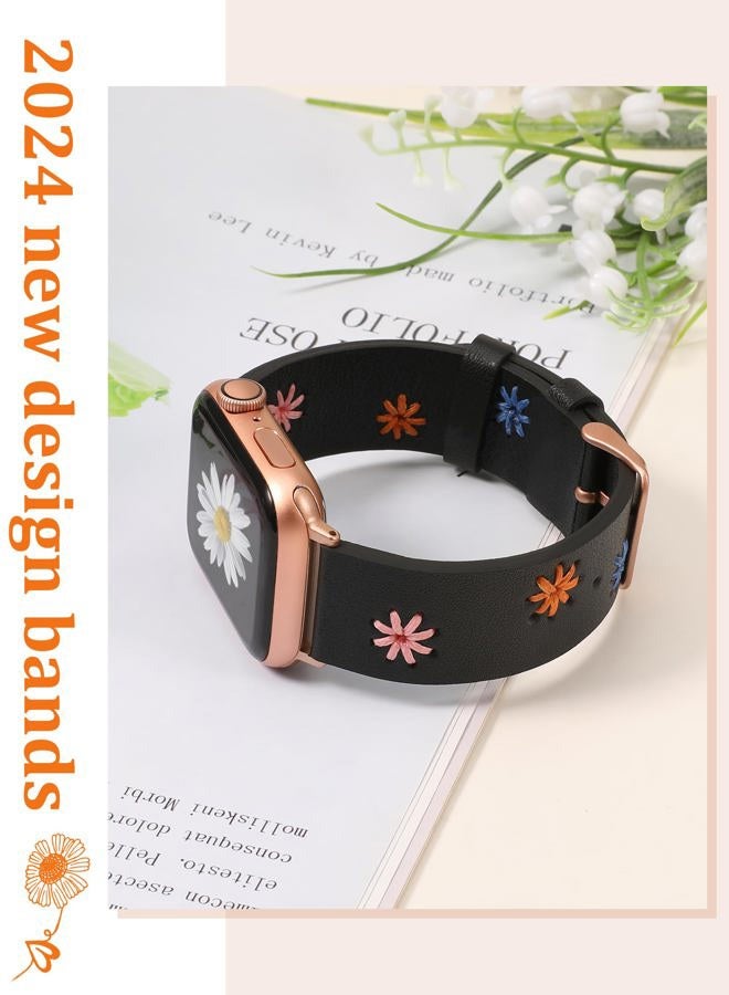 Daisy Leather Band Compatible with Apple Watch Band Women 41/40/38/42mm, Original Stylish Boho Soft Leather Strap with Cute Floral Stitching for iWatch Series 10/9/8/SE/7/6/5/4/3/2/1
