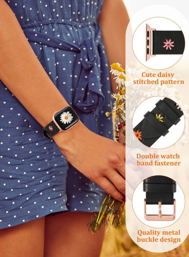Daisy Leather Band Compatible with Apple Watch Band Women 41/40/38/42mm, Original Stylish Boho Soft Leather Strap with Cute Floral Stitching for iWatch Series 10/9/8/SE/7/6/5/4/3/2/1