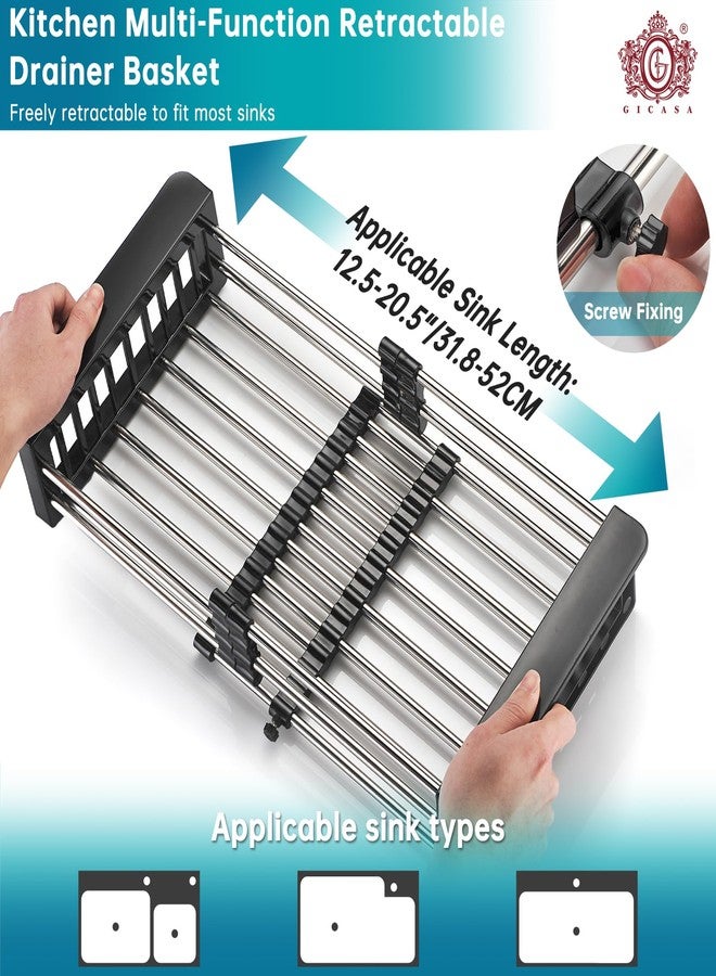 GICASA Sink Dish Drying Rack, Stainless Steel Drainer for 12.5"-20.5" Sinks, Kitchen Countertop Organizer for Dishes, Vegetables, and Fruits (Black & Large Size) - Image 2