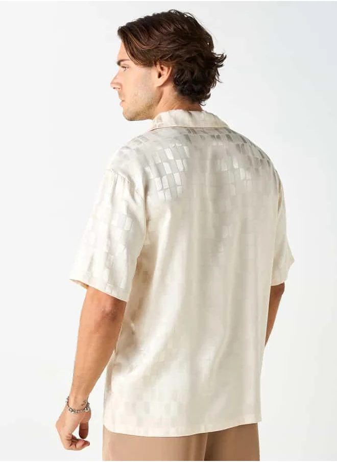 Iconic Iconic All-Over Textured Camp Collar Shirt with Short Sleeves