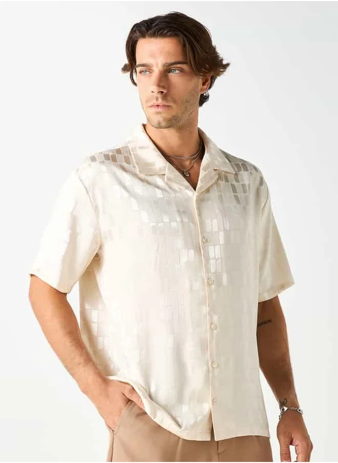 Iconic Iconic All-Over Textured Camp Collar Shirt with Short Sleeves