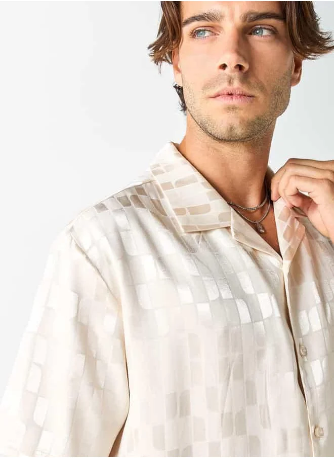 Iconic Iconic All-Over Textured Camp Collar Shirt with Short Sleeves