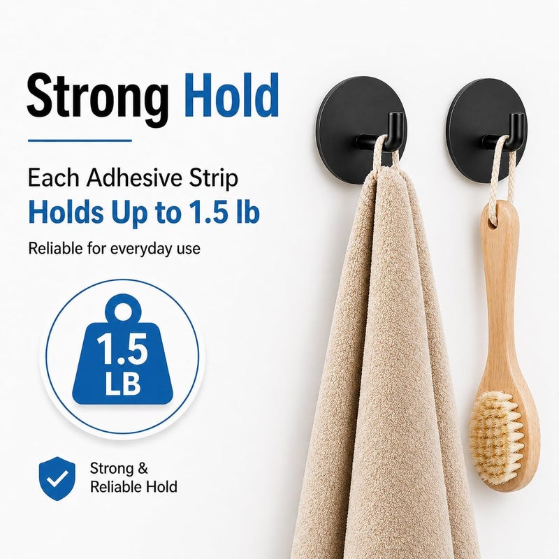 Hoousuper Removable Towel Hooks for Bathrooms, Heavy Duty Adhesive Hooks for Walls No Damage, Black Home Storage Hooks for Inside Shower, Sticky Hooks for Hanging Robe Coat Loofah Clothes Kitchen, 14Pcs Sus304 - Image 5