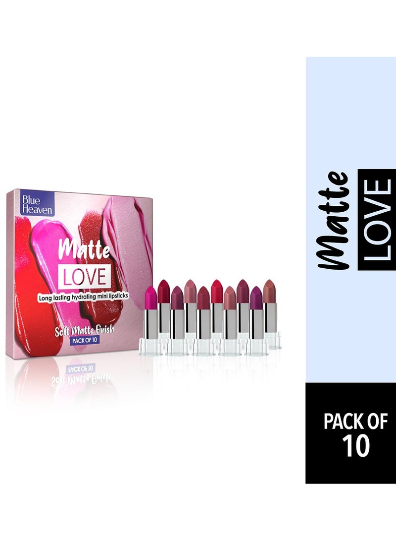 بلو هيفن مجموعة أحمر شفاه ماتي لوف الصغيرة من 10 قطع تدوم طويلاً، مرطبة للنساء، لمسة نهائية ناعمة، 13 جرام - Image 1