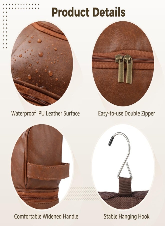 NIMBLOOM 2 Layer PU Leather Toiletry Bag for Men, Brown PU Leather Travel Organizer Bag with Hook, Portable Waterproof Large Capacity Shaving Dopp Kit for Travel Toiletries Accessories Storage - Image 3