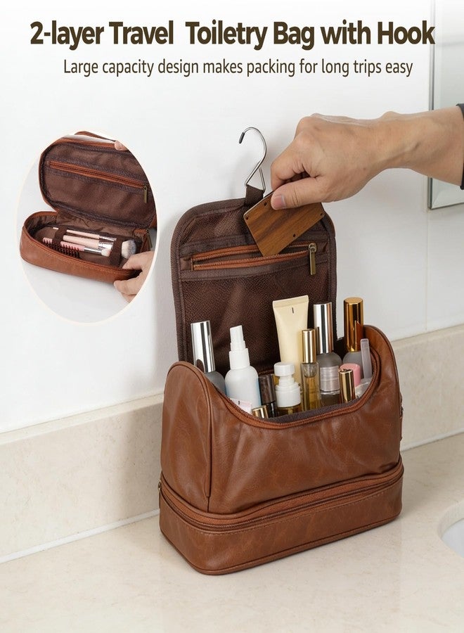 NIMBLOOM 2 Layer PU Leather Toiletry Bag for Men, Brown PU Leather Travel Organizer Bag with Hook, Portable Waterproof Large Capacity Shaving Dopp Kit for Travel Toiletries Accessories Storage - Image 2
