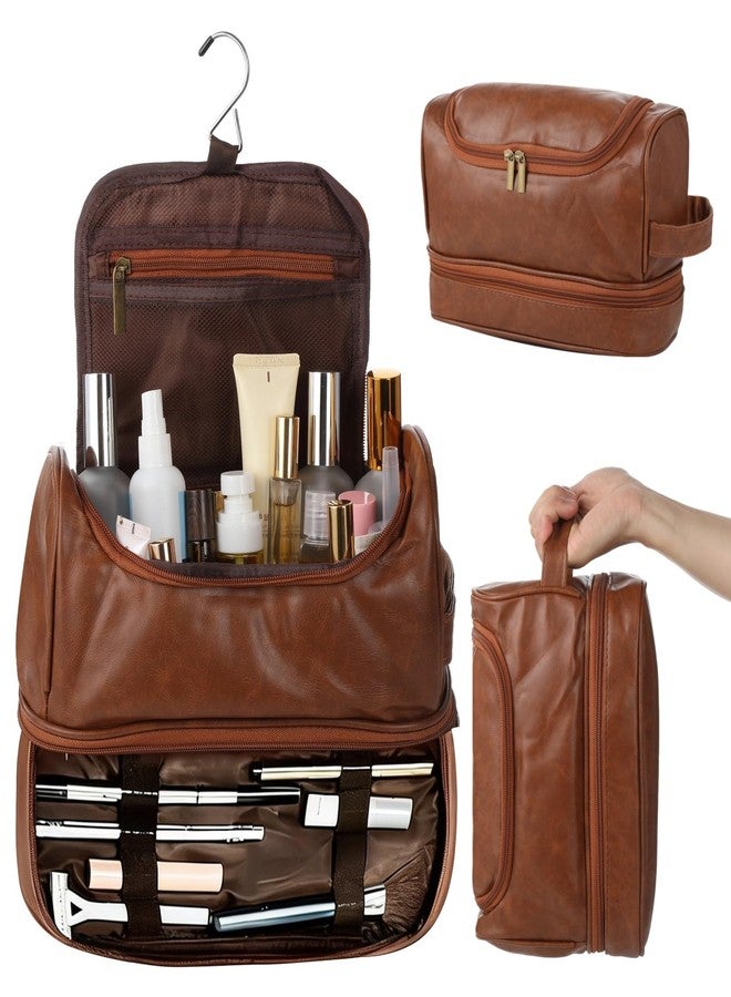 NIMBLOOM 2 Layer PU Leather Toiletry Bag for Men, Brown PU Leather Travel Organizer Bag with Hook, Portable Waterproof Large Capacity Shaving Dopp Kit for Travel Toiletries Accessories Storage - Image 1