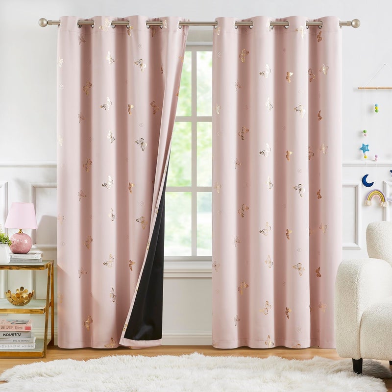 Jubilantex Pink Gold Butterfly Blackout Curtains 84 Inches Long with Black Layer Thermal Insulated Window Curtains Grommet Top for Bedroom Girls Room - Image 2