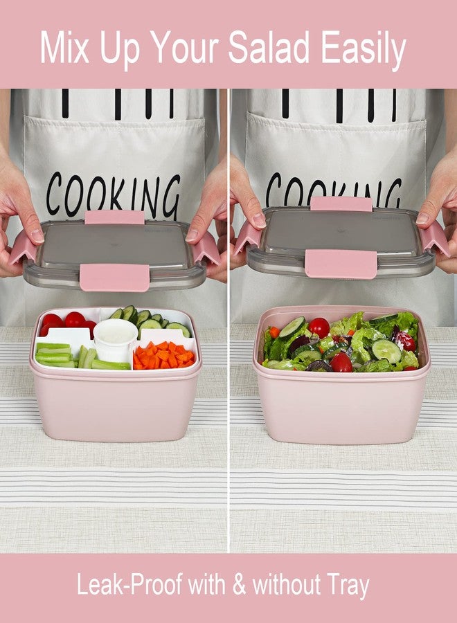 Caperci Large Salad Lunch Container - Adult Bento Lunch Box with 68 oz Salad Bowl, 5-Compartment Tray, 2pcs 3-oz Sauce Cups, Stackable, BPA-Free (Pink) - Image 2