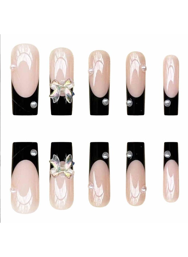 Foccna Black Press on Nails Long Extra Long Clear Fake Nails Square Acrylic False Nails FrenchArtificial Nails for Women and Girls24 pcs - Image 4