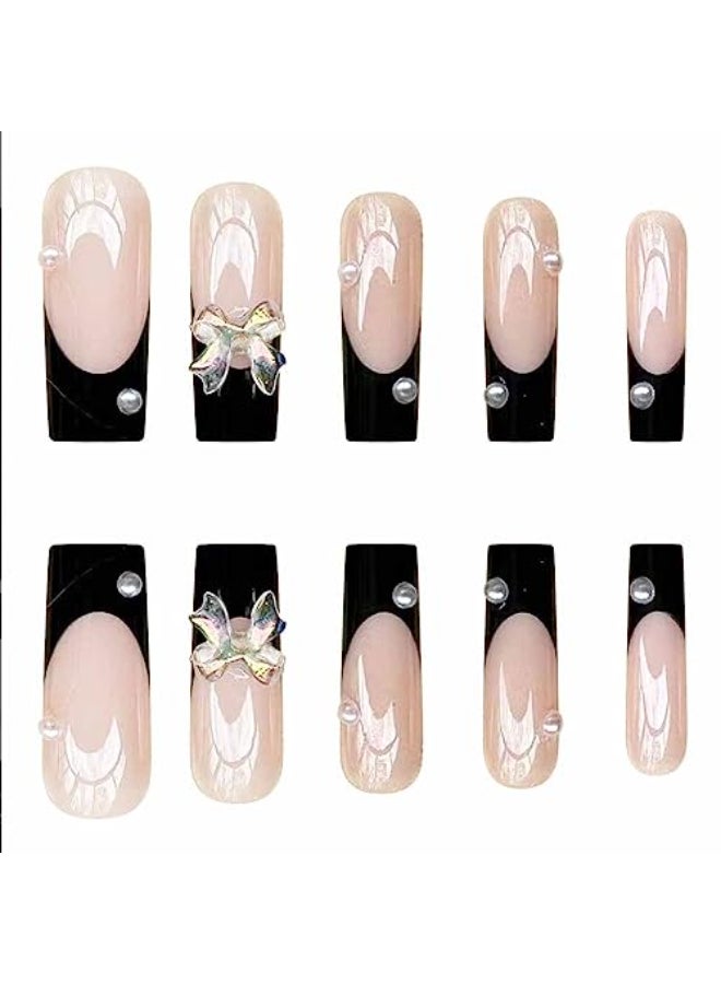 Foccna Black Press on Nails Long Extra Long Clear Fake Nails Square Acrylic False Nails FrenchArtificial Nails for Women and Girls24 pcs - Image 3