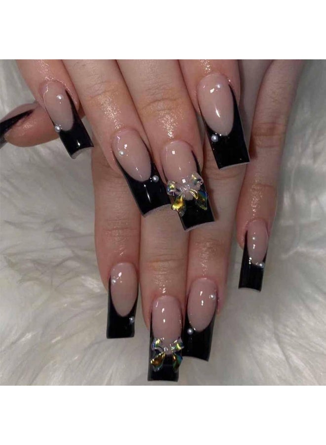 Foccna Black Press on Nails Long Extra Long Clear Fake Nails Square Acrylic False Nails FrenchArtificial Nails for Women and Girls24 pcs - Image 2