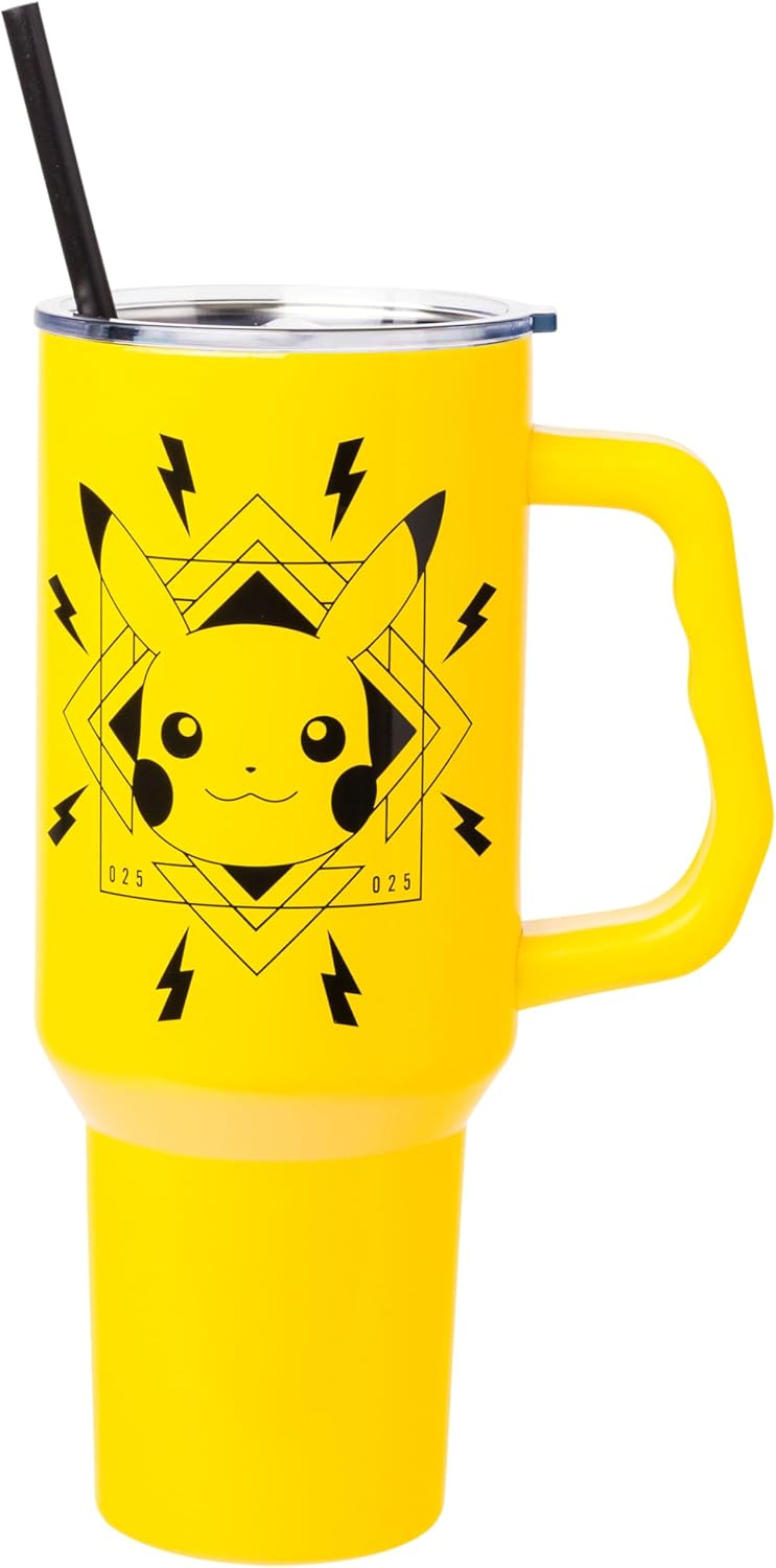 Silver Buffalo Pokémon Lightning Stainless Steel Tumbler with Handle Featuring Pikachu, Fits in Standard Cup Holder, 40 Ounces - Image 1