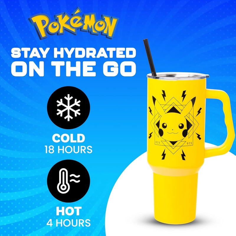 Silver Buffalo Pokémon Lightning Stainless Steel Tumbler with Handle Featuring Pikachu, Fits in Standard Cup Holder, 40 Ounces - Image 2
