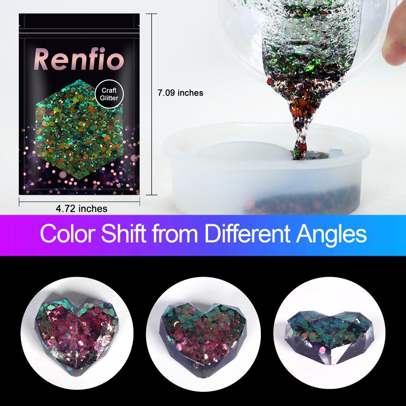 Renfio Chameleon Chunky Glitter, Mixed Fine Powder Color Shift 1.75 Oz (50g) PET Flake Purple Green Orange Glitters Sequin Resin Pigment Chip Dust for Slime Painting Craft Hair Nail - Colorful Party - Image 4