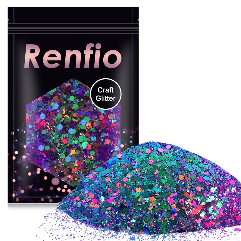 Renfio Chameleon Chunky Glitter, Mixed Fine Powder Color Shift 1.75 Oz (50g) PET Flake Purple Green Orange Glitters Sequin Resin Pigment Chip Dust for Slime Painting Craft Hair Nail - Colorful Party - Image 1