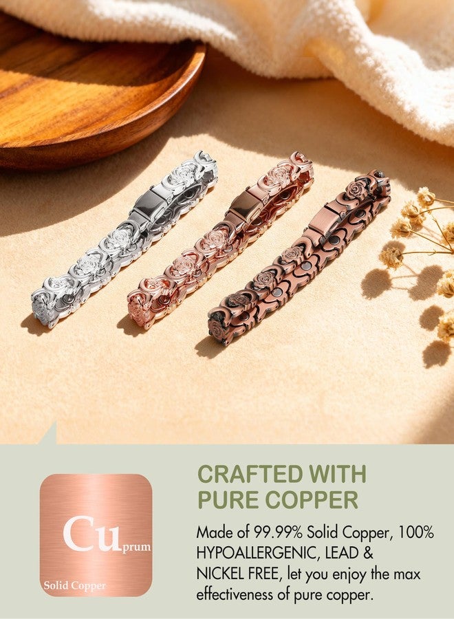 Feraco Pure Copper Bracelets for Women, Ultra Strength Magnetic Bracelet for Women with 3800 Gauss Magnet, Adjustable Flower Real Copper Jewelry Gift with Infinite Rose-Engraved (Copper) - Image 2